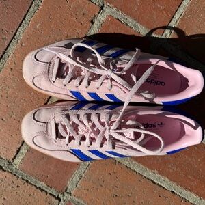 Adidas Pink Sneakers with Blue Stripes